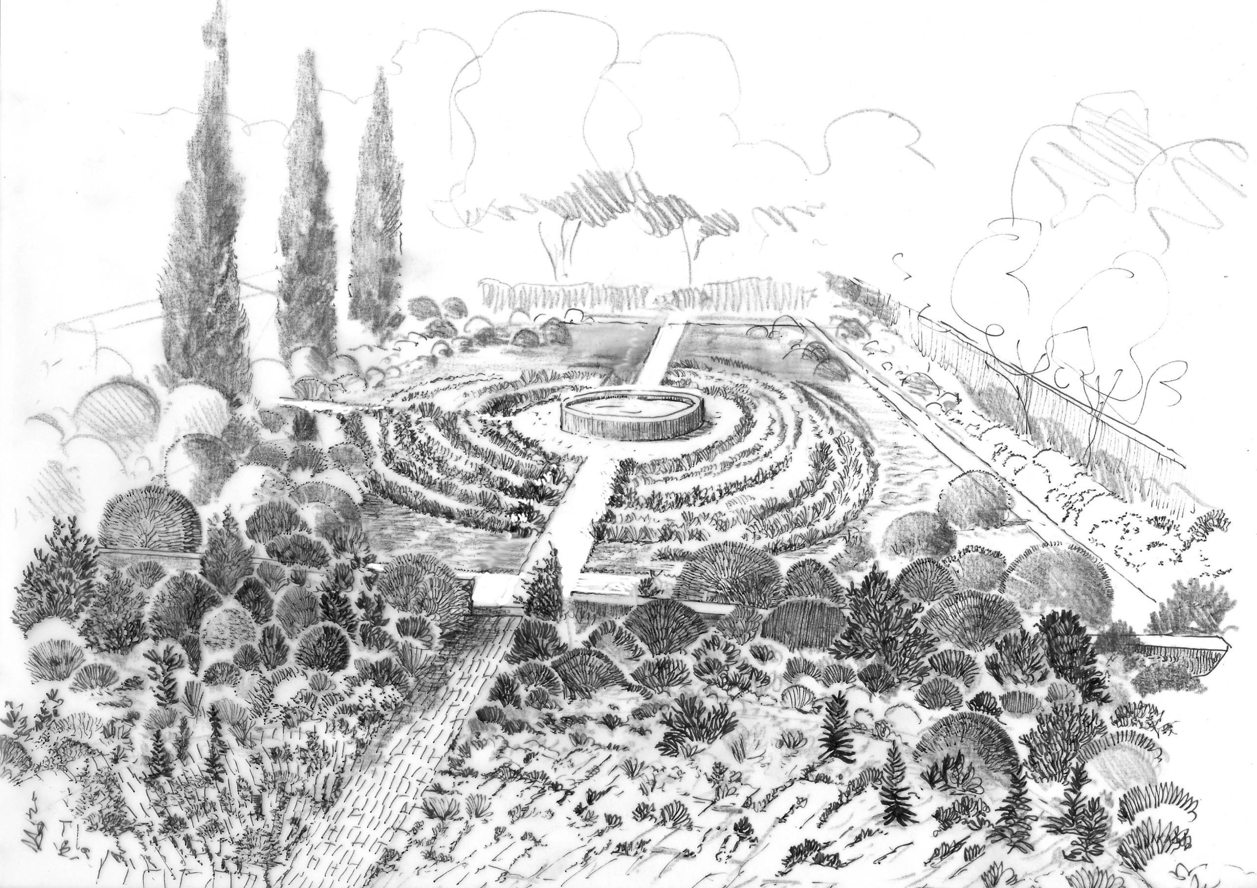Dessin de l'aménagement paysager du jardin de la Bastide à Aubignan, conçu par Stanislas Alaguillaume